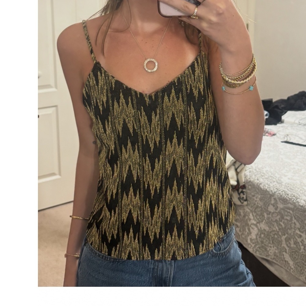 Womens Camisole M Gold Black Metallic Zigzag V-Neck Top Party Night Out Glam